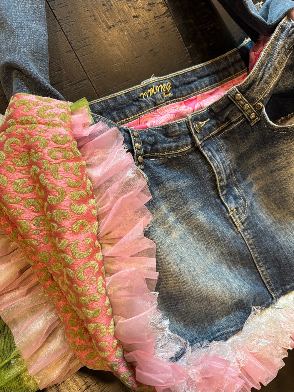 Handcrafted One of a Kind Denim Tote Bag with Pink & Green Ruffle Trim Barbie - Picture 2 of 8